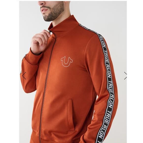 True Religion 3 Side Print Logo Trim Track Jacket Red Full Zip Horseshoe  Small - Picture 2 of 14